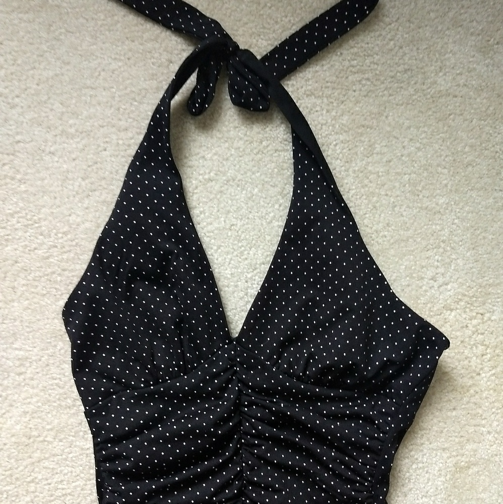 Vintage style Black polkadot halter dress (M)